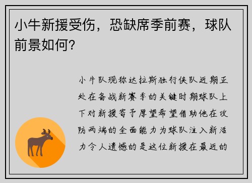 小牛新援受伤，恐缺席季前赛，球队前景如何？