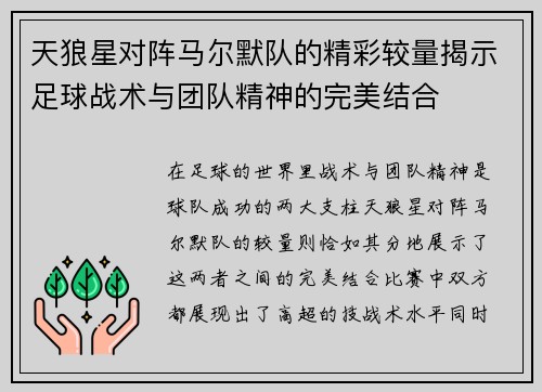 天狼星对阵马尔默队的精彩较量揭示足球战术与团队精神的完美结合